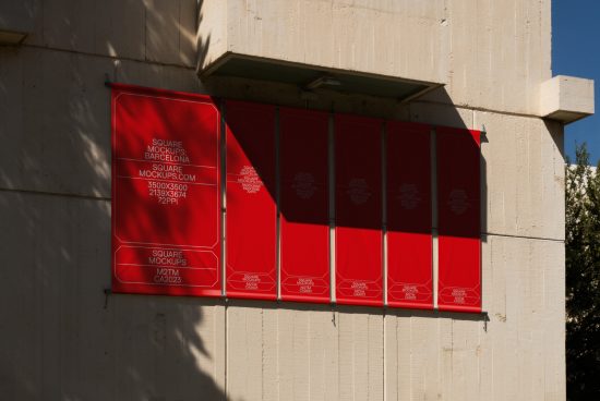 Red square mockup banners hanging on a wall for graphic design and outdoor advertising, showcasing design space and specifications.